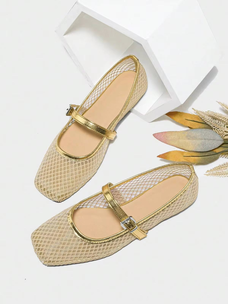 New Ballet Flats For Women, Spring Square Toe Flat Shoes, Solid Color Breathable Casual Sandals, Stylish And Comfortable Shoes, Gold